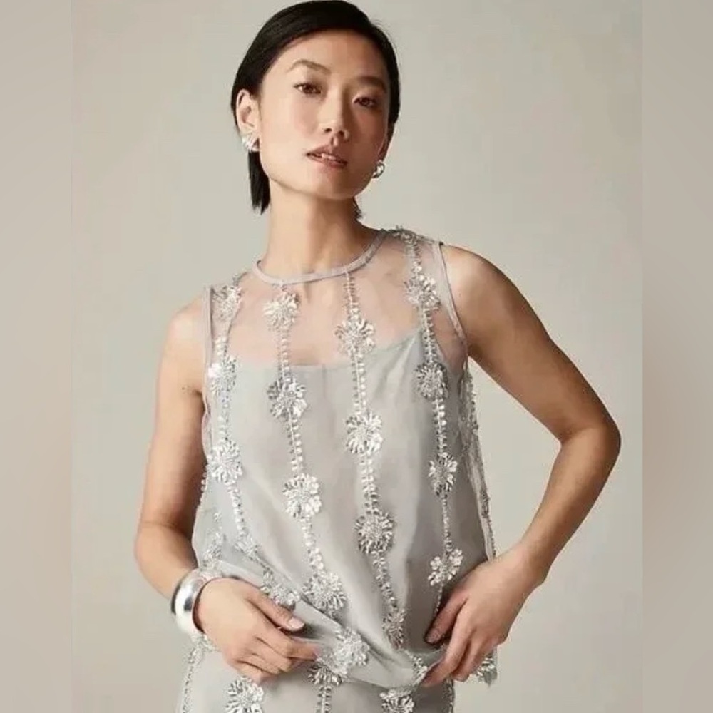 J.CREW Collection sheer layered sequin top silver embellished glam